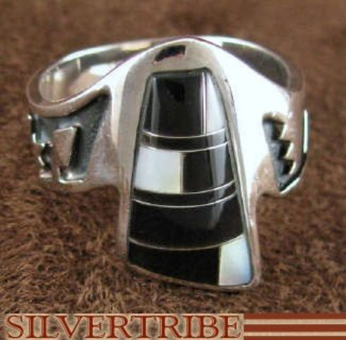 Silver Black Jade Mother Of Pearl Jewelry Ring Size 8-1/2 RS45250