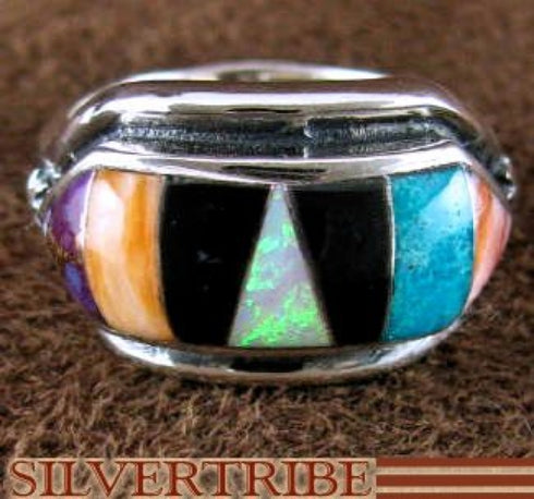 Sterling Silver Jewelry Multicolor Inlay Ring Size 6-1/2 HS46906