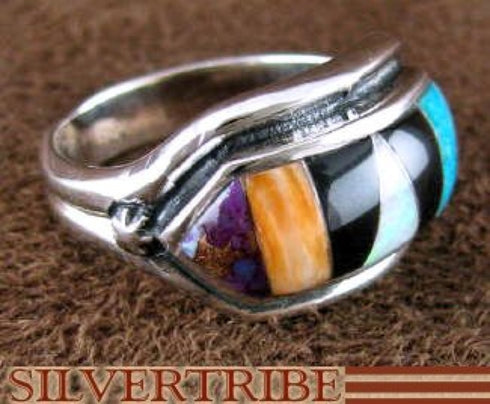 Sterling Silver Jewelry Multicolor Inlay Ring Size 6-1/2 HS46906