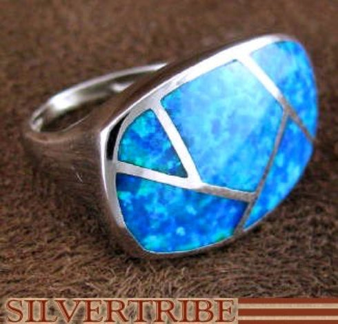 Blue Opal Inlay And Genuine Sterling Silver Ring Size 6 DS51047