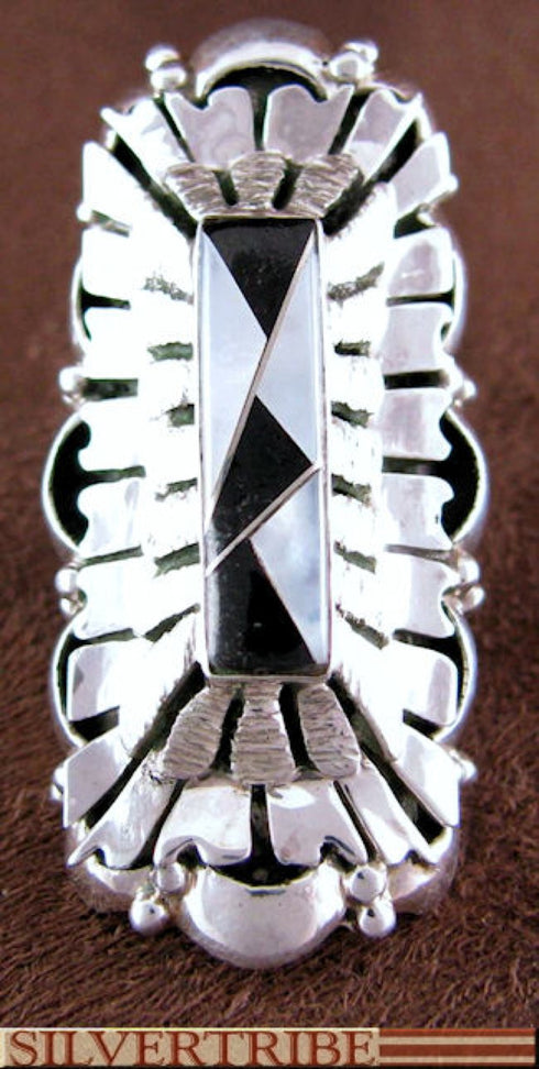 Sterling Silver Jet Mother Of Pearl Inlay Ring Size 5-3/4 HS55134