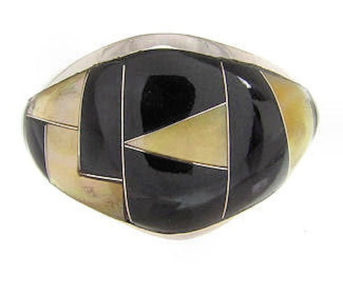 Yellow Mother Of Pearl Black Jade Silver Ring Size 7-3/4 EX22478