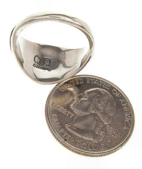 Yellow Mother Of Pearl Black Jade Silver Ring Size 7-3/4 EX22478