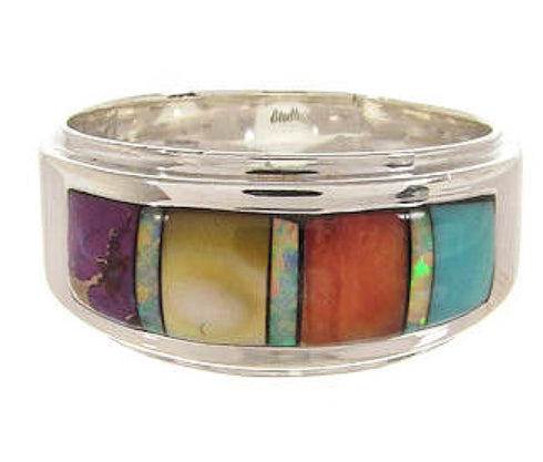 Multicolor Inlay Silver Southwestern Ring Size 7-3/4 PS58126