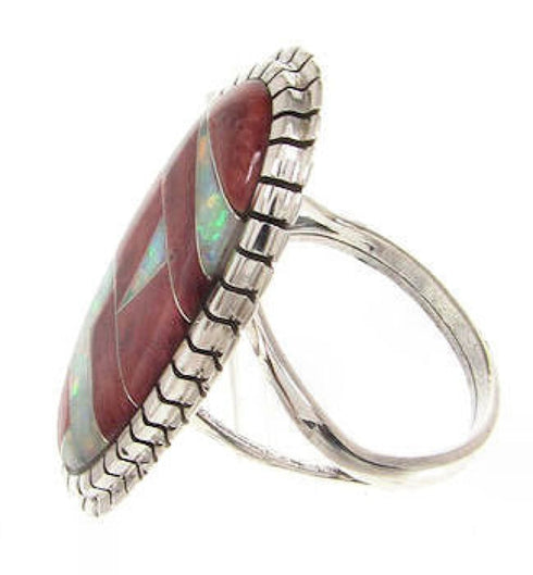 Southwest Red Oyster Shell Opal Inlay Ring Size 5-3/4 Jewelry YS59222