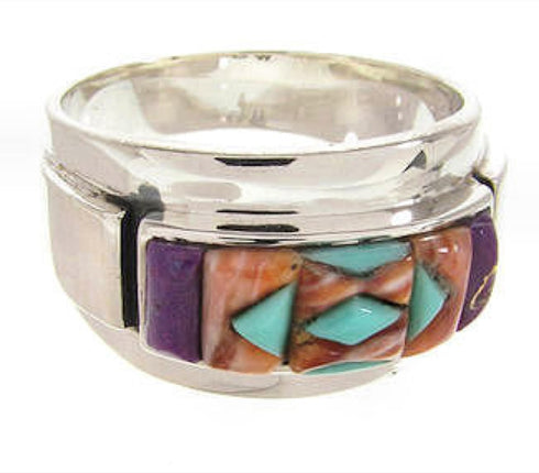 Southwest Multicolor Inlay Sterling Silver Ring Size 8-3/4 XS58036