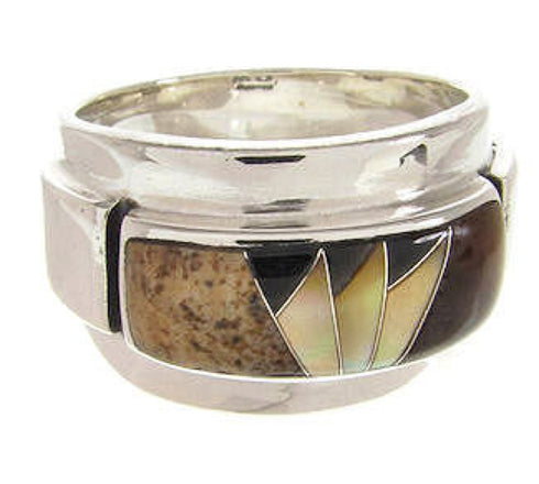Southwest Sterling Silver Multicolor Inlay Ring Size 8-1/4 AW68008