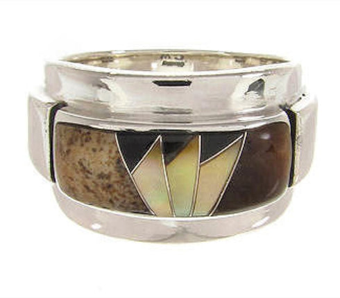 Southwest Sterling Silver Multicolor Inlay Ring Size 8-1/4 AW68008