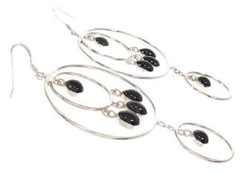 Jet And Sterling Silver Hook Dangle Southwest Earrings IS59707