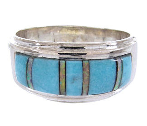 Turquoise And Opal Inlay Silver Jewelry Ring Size 6-3/4 RS44995