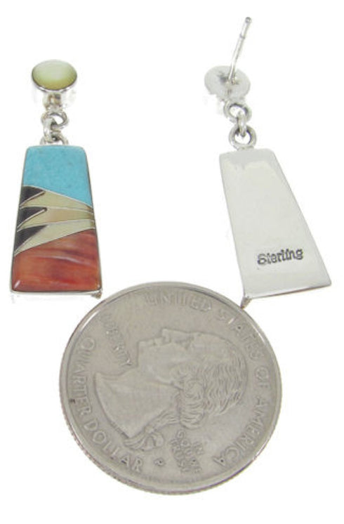 Southwest Silver Multicolor Inlay Post Dangle Earrings FS62352