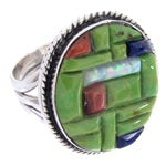 Genuine Sterling Silver And Multicolor Inlay Ring Size 7-1/4 DS54733