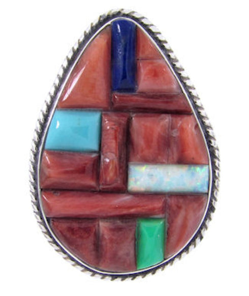 Southwestern Sterling Silver Multicolor Inlay Ring Size 7-3/4 AW68953