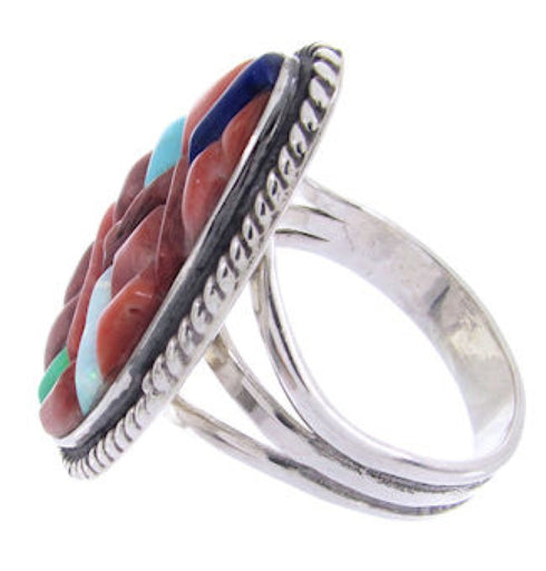Southwestern Sterling Silver Multicolor Inlay Ring Size 7-3/4 AW68953