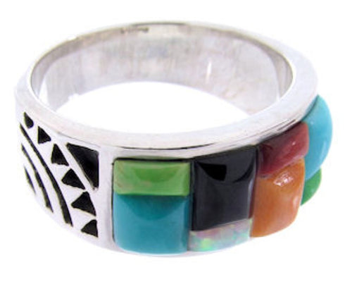 Southwestern Sterling Silver Multicolor Inlay Ring Size 5-3/4 AW68935