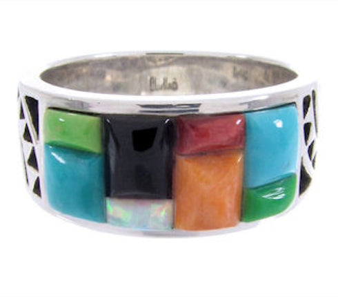 Southwestern Sterling Silver Multicolor Inlay Ring Size 5-3/4 AW68935