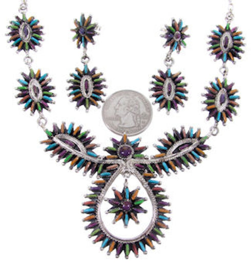 Sterling Silver Multicolor Jewelry Link Necklace Earrings Set MW66988