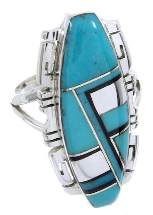 Turquoise And Jet Inlay Silver Jewelry Ring Size 5 BW66743