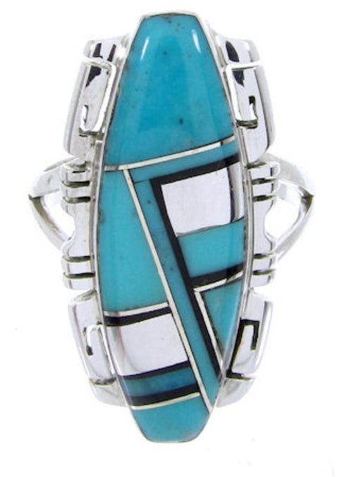 Turquoise And Jet Inlay Silver Jewelry Ring Size 5 BW66743