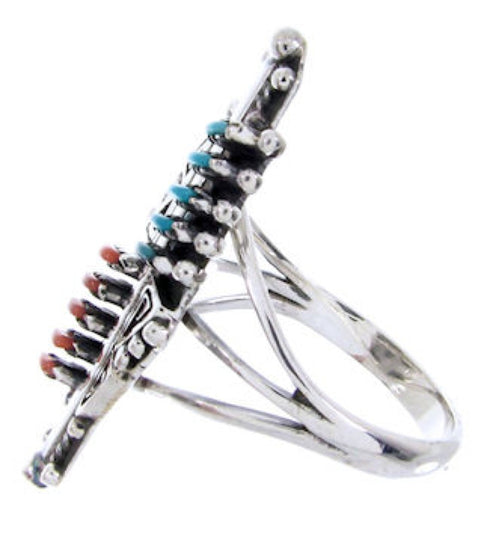 Silver Coral Turquoise Needlepoint Southwest Ring Size 8-1/4 BW68042