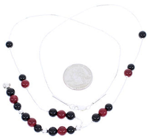 Liquid Sterling Silver Coral Onyx Bead Necklace MW68883