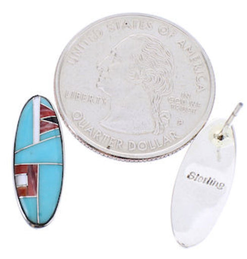 Genuine Sterling Silver Multicolor Inlay Jewelry Post Earrings BW68937