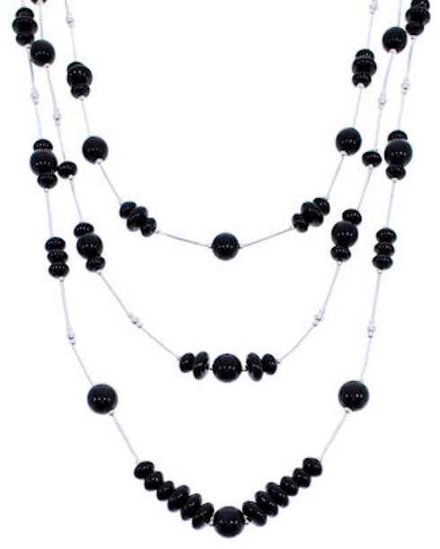 Liquid Sterling Silver 3-Strand Onyx Bead Necklace PS71042