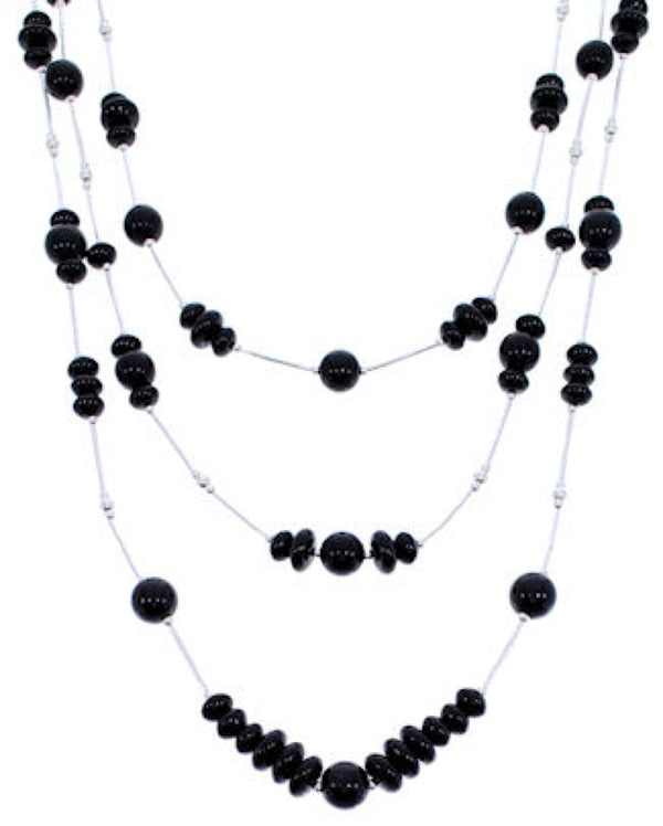Liquid Sterling Silver 3-Strand Onyx Bead Necklace PS71042
