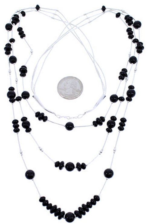 Liquid Sterling Silver 3-Strand Onyx Bead Necklace PS71042