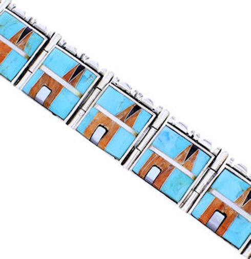 Turquoise Multicolor Inlay Sterling Silver Link Bracelet BW71194
