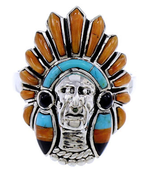 Silver Multicolor Inlay Chief Head Ring Size 8-1/2 NS43167