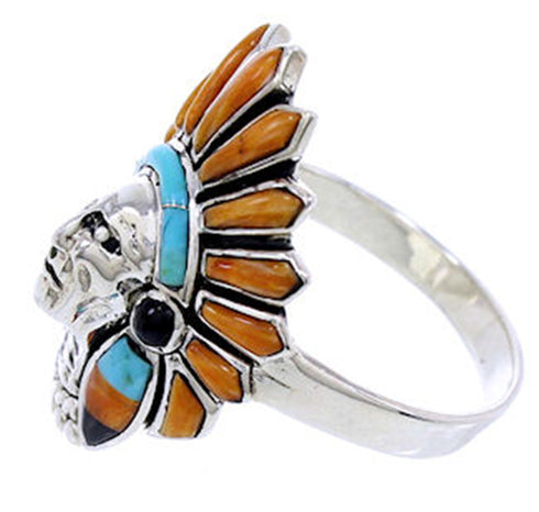 Silver Multicolor Inlay Chief Head Ring Size 8-1/2 NS43167