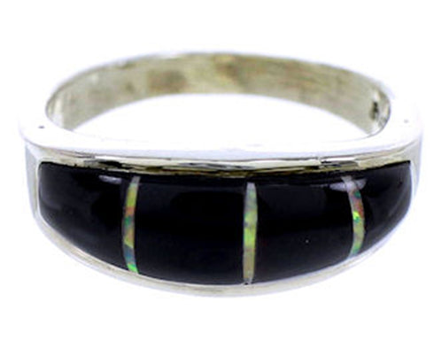 Genuine Sterling Silver Black And Opal Inlay Ring Size 7-3/4 NS40755