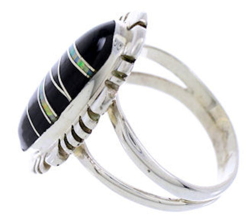 Genuine Sterling Silver Jet And Opal Inlay Ring Size 5-3/4 AW71725