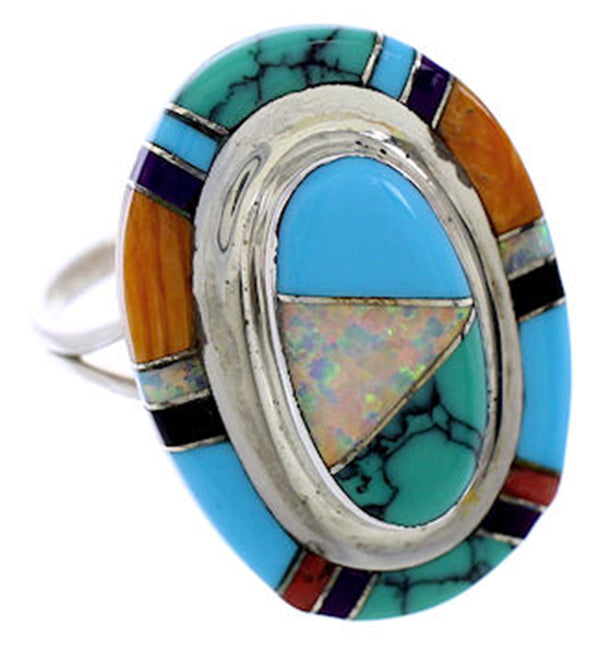 Multicolor Inlay And Genuine Sterling Silver Ring Size 7-1/2 AS51909
