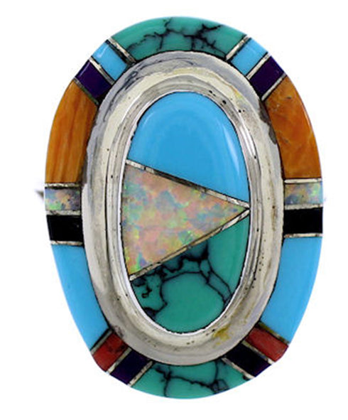 Multicolor Inlay And Genuine Sterling Silver Ring Size 7-1/2 AS51909