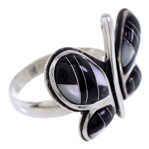 Black Jade Mother of Pearl Silver Butterfly Ring Size 7-1/2 AS42888