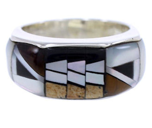 Genuine Sterling Silver And Multicolor Inlay Ring Size 5-3/4 AW72421