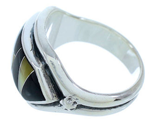 Yellow Mother Of Pearl And Black Jade Jewelry Ring Size 6-3/4 BW72411