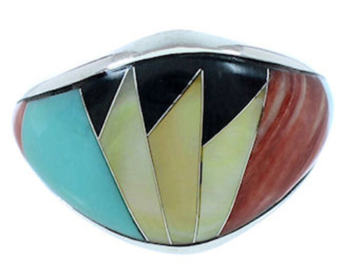 Southwestern Turquoise Multicolor Inlay Silver Ring Size 7-1/2 AW73269