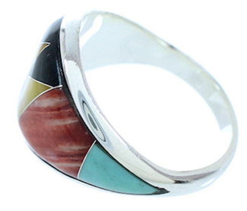 Southwestern Turquoise Multicolor Inlay Silver Ring Size 7-1/2 AW73269
