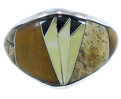 Tiger Eye Inlay Southwest Multicolor Silver Ring Size 7-3/4 AW73132