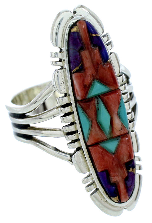 Turquoise And Multicolor Inlay Silver Ring Size 8-1/4 BW72711