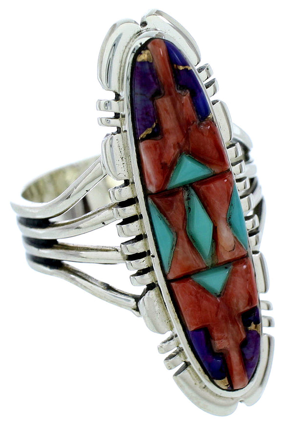 Turquoise And Multicolor Inlay Silver Ring Size 8-1/4 BW72711