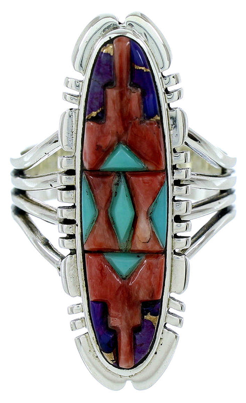 Turquoise And Multicolor Inlay Silver Ring Size 8-1/4 BW72711