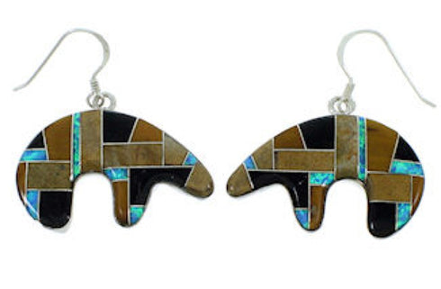 Sterling Silver Multicolor Inlay Bear Hook Dangle Earrings BW73367