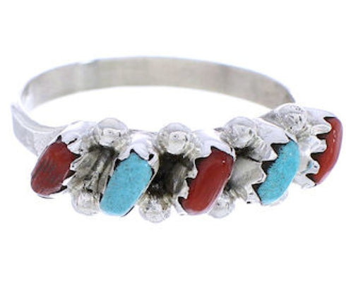 Sterling Silver Zuni Turquoise Coral Needlepoint Ring Size 5-1/2 RX113314