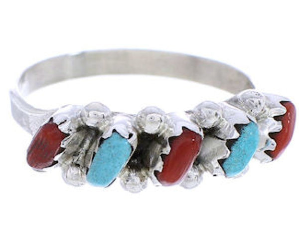 Sterling Silver Zuni Turquoise Coral Needlepoint Ring Size 5-1/2 RX113314