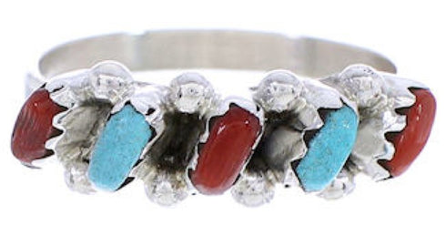 Sterling Silver Zuni Turquoise Coral Needlepoint Ring Size 5-1/2 RX113314