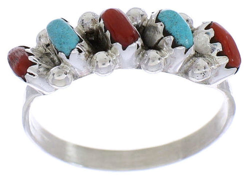 Sterling Silver Zuni Turquoise Coral Needlepoint Ring Size 5-1/2 RX113314